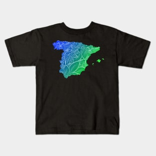 Colorful mandala art map of Spain with text in blue and green Kids T-Shirt